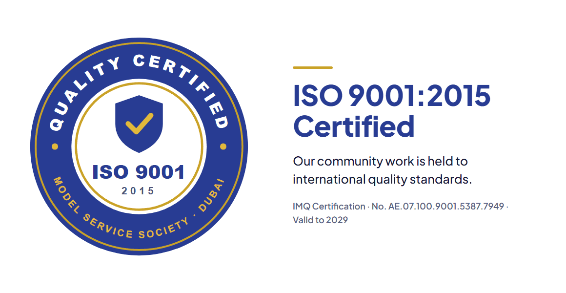 ISO 9001:2015 Certified. Our community work is held to international quality standards. IMQ Certification, No. AE.07.100.9001.5387.7949, valid to 2029.
