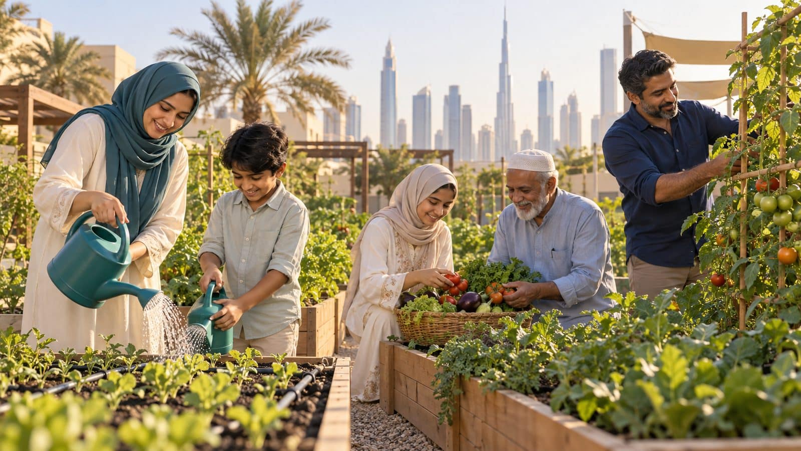 Three generations of a family tending a community vegetable garden in Dubai