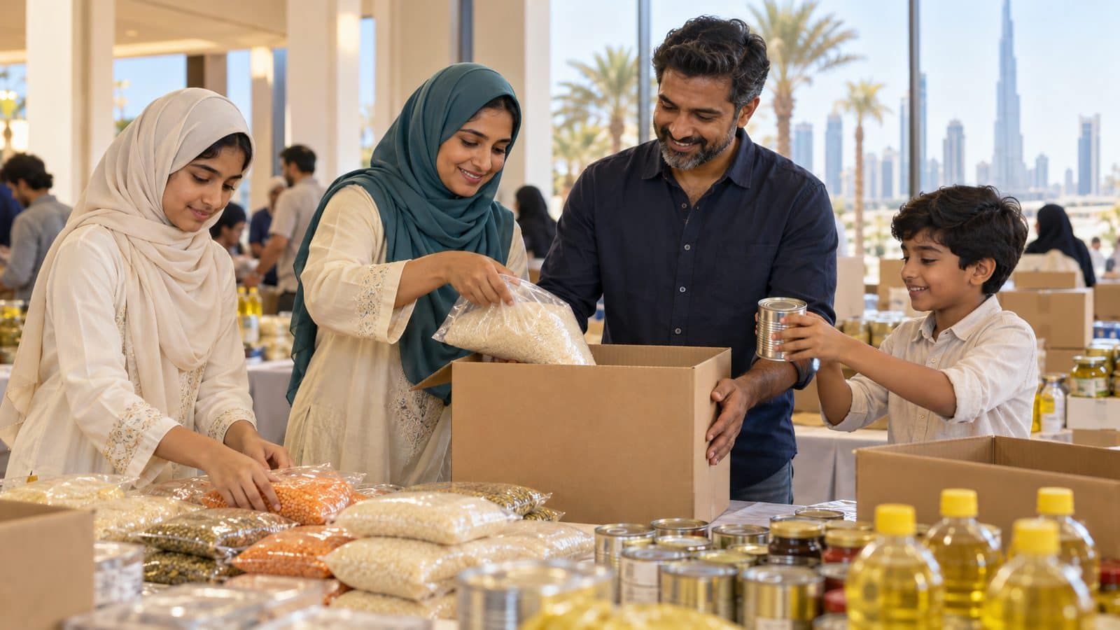 A family packing care parcels of rice, lentils and cooking oil together
