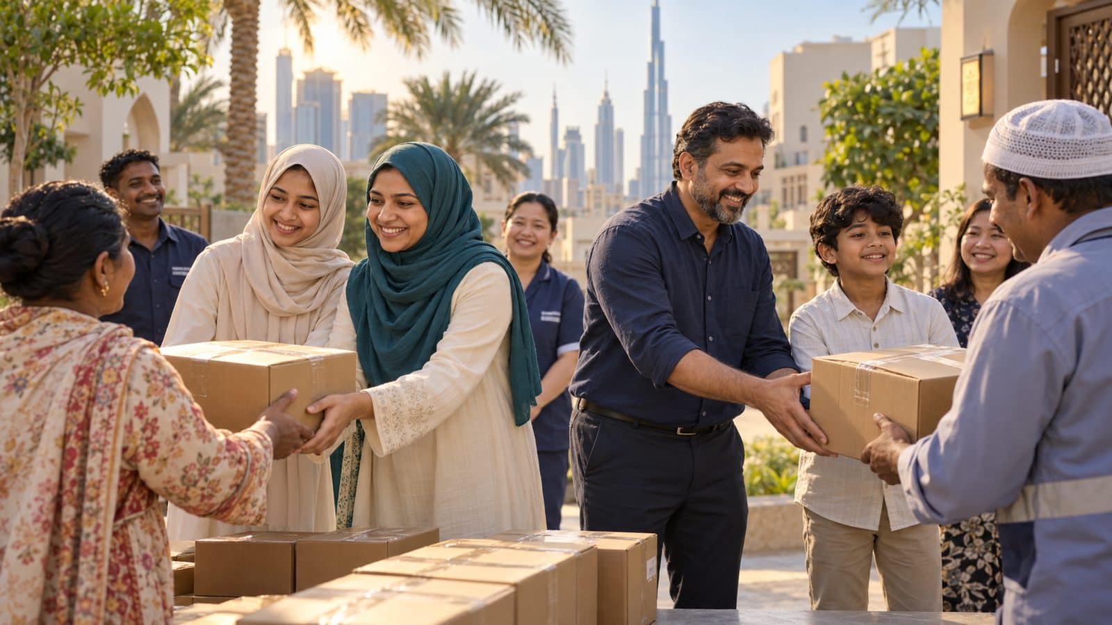 A family handing care parcels to workers and neighbours in Dubai